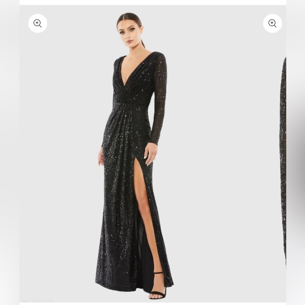 Black Long Sleeve Sequin Evening Gown with Deep V and Thigh Slit
